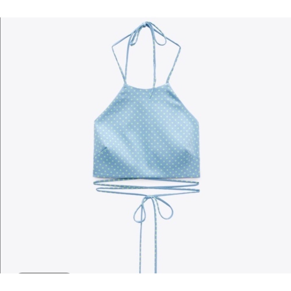 Zara Blue Green Polka Dot Festival Halter Wrap Crop Top Womens Size M New